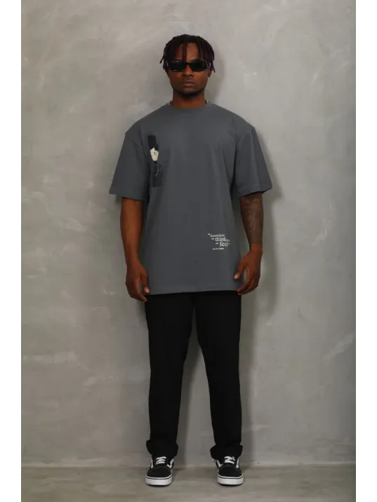 Unisex Oversize Baskılı Bisiklet Yaka T-Shirt - Füme Unisex Oversize Baskılı Bisiklet Yaka T-Shirt - Füme