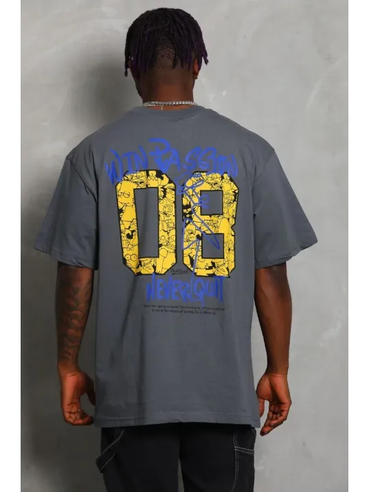 Unisex Oversize Baskılı Bisiklet Yaka T-Shirt - Füme Unisex Oversize Baskılı Bisiklet Yaka T-Shirt - Füme