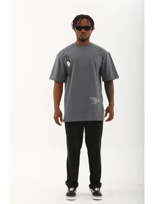 Unisex Oversize Baskılı Bisiklet Yaka T-Shirt - Füme Unisex Oversize Baskılı Bisiklet Yaka T-Shirt - Füme