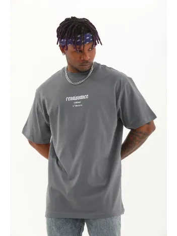 Unisex Oversize Baskılı Bisiklet Yaka T-Shirt - Füme Unisex Oversize Baskılı Bisiklet Yaka T-Shirt - Füme