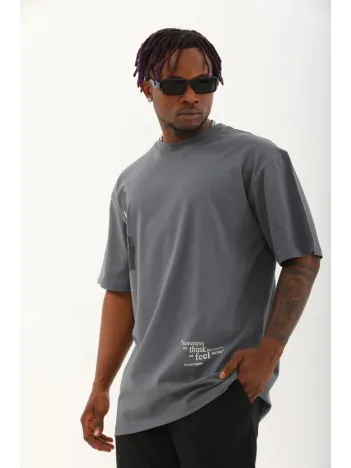 Unisex Oversize Baskılı Bisiklet Yaka T-Shirt - Füme