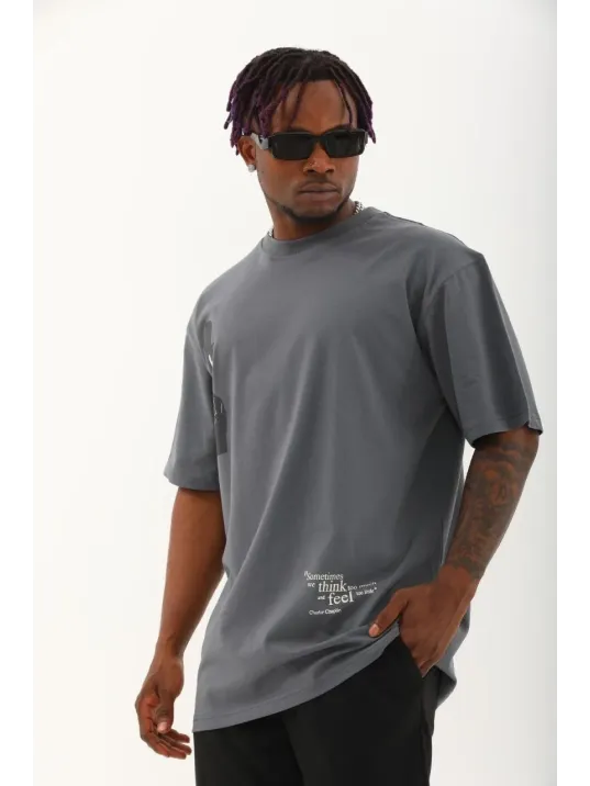 Unisex Oversize Baskılı Bisiklet Yaka T-Shirt - Füme Unisex Oversize Baskılı Bisiklet Yaka T-Shirt - Füme