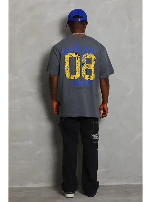 Erkek Baskılı Tişort Kısa Kol Bisiklet Yaka Ovarsize T-shirt -  Füme
