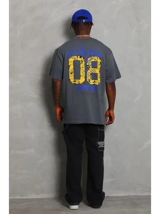 Unisex Oversize Baskılı Bisiklet Yaka T-Shirt - Füme Unisex Oversize Baskılı Bisiklet Yaka T-Shirt - Füme