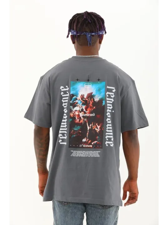 Unisex Oversize Baskılı Bisiklet Yaka T-Shirt - Füme Unisex Oversize Baskılı Bisiklet Yaka T-Shirt - Füme