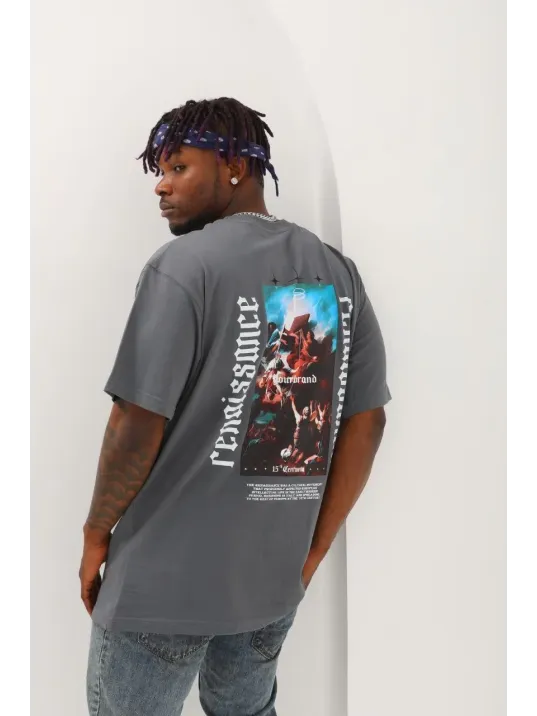 Unisex Oversize Baskılı Bisiklet Yaka T-Shirt - Füme Unisex Oversize Baskılı Bisiklet Yaka T-Shirt - Füme