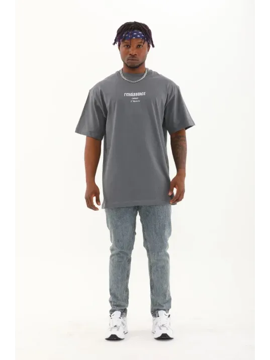 Unisex Oversize Baskılı Bisiklet Yaka T-Shirt - Füme Unisex Oversize Baskılı Bisiklet Yaka T-Shirt - Füme