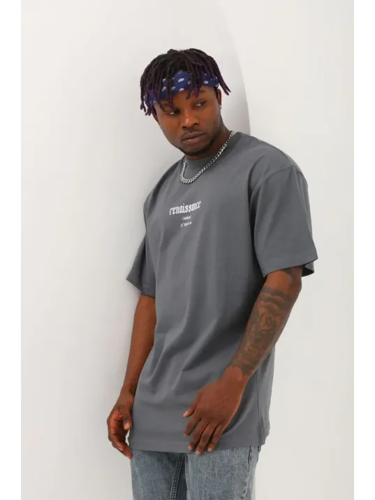 Unisex Oversize Baskılı Bisiklet Yaka T-Shirt - Füme Unisex Oversize Baskılı Bisiklet Yaka T-Shirt - Füme