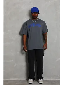 Erkek Baskılı Tişort Kısa Kol Bisiklet Yaka Ovarsize T-shirt -  Füme