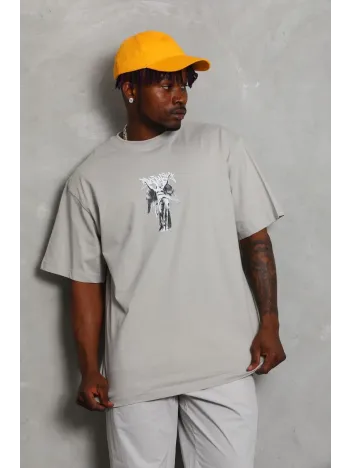 Unisex Oversize Baskılı Bisiklet Yaka T-Shirt - Gri