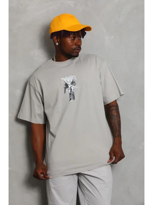 Unisex Oversize Baskılı Bisiklet Yaka T-Shirt - Gri