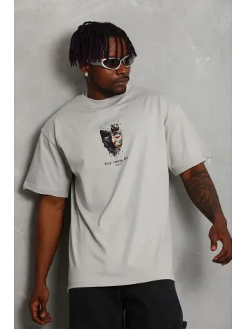 Unisex Oversize Baskılı Bisiklet Yaka T-Shirt - Gri Unisex Oversize Baskılı Bisiklet Yaka T-Shirt - Gri