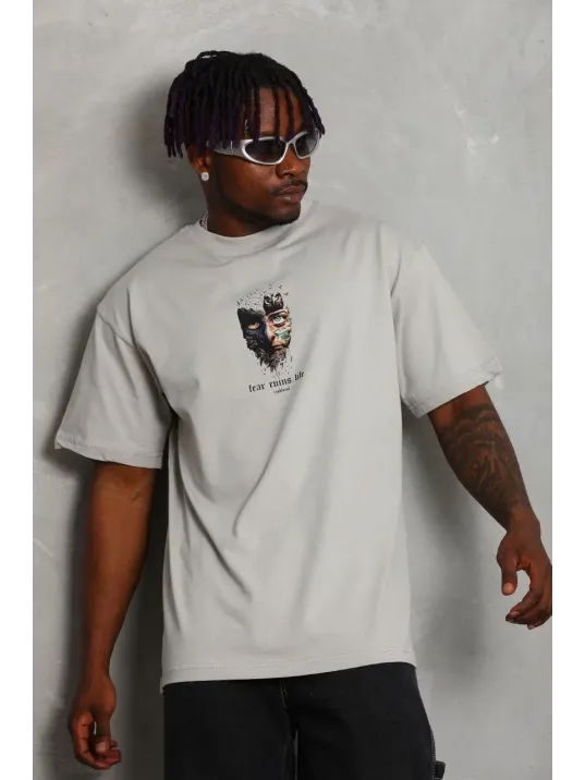 Unisex Oversize Baskılı Bisiklet Yaka T-Shirt - Gri Unisex Oversize Baskılı Bisiklet Yaka T-Shirt - Gri