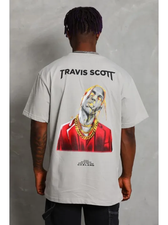 Unisex Oversize Baskılı Bisiklet Yaka T-Shirt - Gri