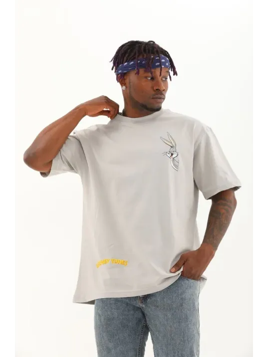 Unisex Oversize Baskılı Bisiklet Yaka T-Shirt - Gri Unisex Oversize Baskılı Bisiklet Yaka T-Shirt - Gri