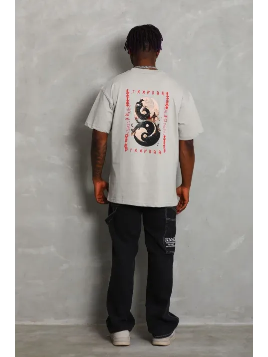 Unisex Oversize Baskılı Bisiklet Yaka T-Shirt - Gri Unisex Oversize Baskılı Bisiklet Yaka T-Shirt - Gri