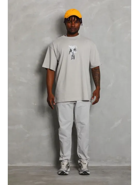 Unisex Oversize Baskılı Bisiklet Yaka T-Shirt - Gri