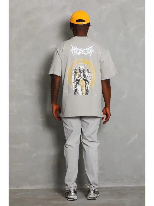 Unisex Oversize Baskılı Bisiklet Yaka T-Shirt - Gri