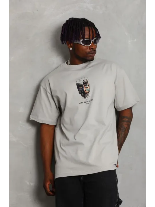 Unisex Oversize Baskılı Bisiklet Yaka T-Shirt - Gri Unisex Oversize Baskılı Bisiklet Yaka T-Shirt - Gri