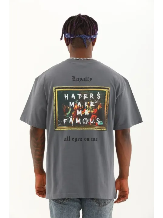 Unisex Oversize Baskılı Bisiklet Yaka T-Shirt - Füme Unisex Oversize Baskılı Bisiklet Yaka T-Shirt - Füme