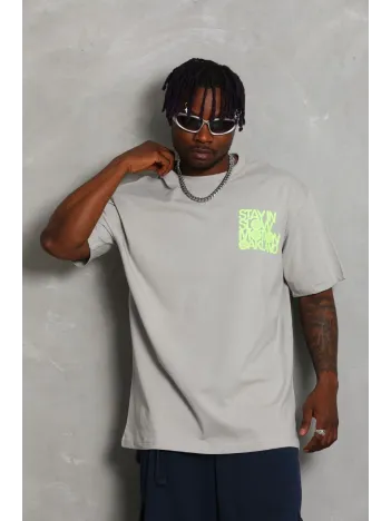 Unisex Oversize Baskılı Bisiklet Yaka T-Shirt - Gri