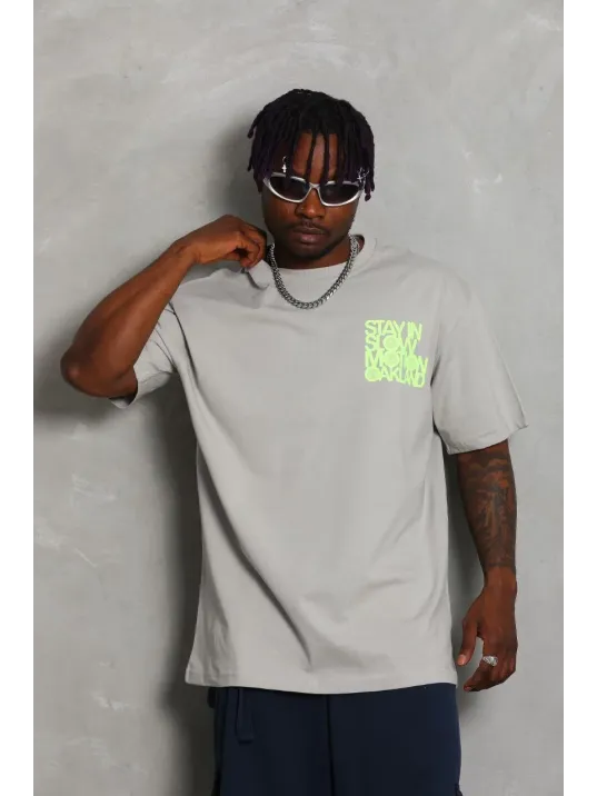 Unisex Oversize Baskılı Bisiklet Yaka T-Shirt - Gri Unisex Oversize Baskılı Bisiklet Yaka T-Shirt - Gri