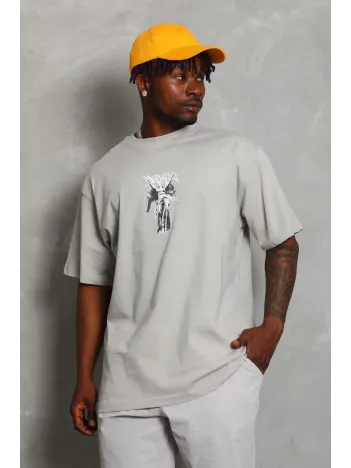 Unisex Oversize Baskılı Bisiklet Yaka T-Shirt - Gri Unisex Oversize Baskılı Bisiklet Yaka T-Shirt - Gri