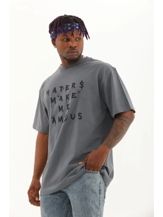 Unisex Oversize Baskılı Bisiklet Yaka T-Shirt - Füme Unisex Oversize Baskılı Bisiklet Yaka T-Shirt - Füme