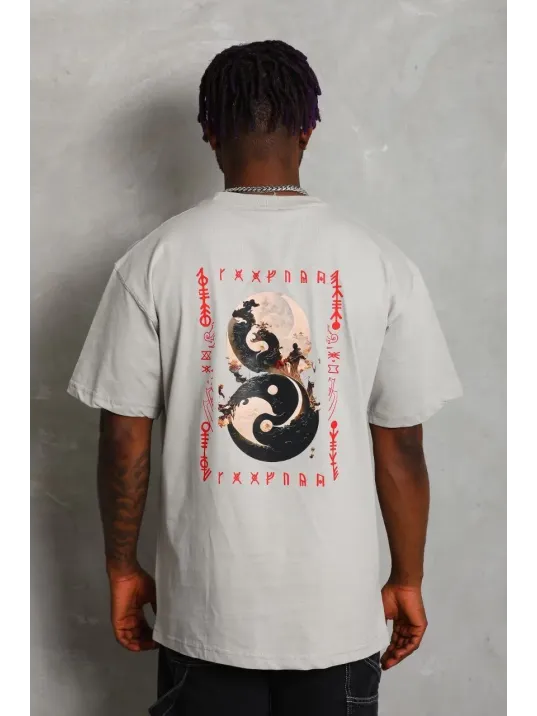 Unisex Oversize Baskılı Bisiklet Yaka T-Shirt - Gri Unisex Oversize Baskılı Bisiklet Yaka T-Shirt - Gri