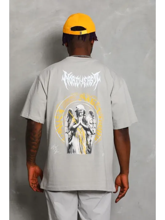 Unisex Oversize Baskılı Bisiklet Yaka T-Shirt - Gri