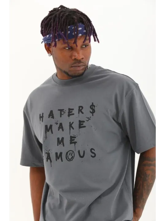 Unisex Oversize Baskılı Bisiklet Yaka T-Shirt - Füme Unisex Oversize Baskılı Bisiklet Yaka T-Shirt - Füme