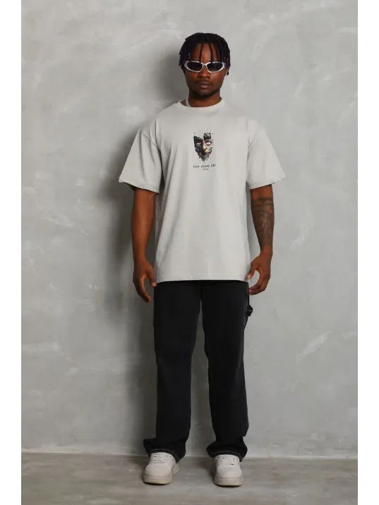 Unisex Oversize Baskılı Bisiklet Yaka T-Shirt - Gri Unisex Oversize Baskılı Bisiklet Yaka T-Shirt - Gri