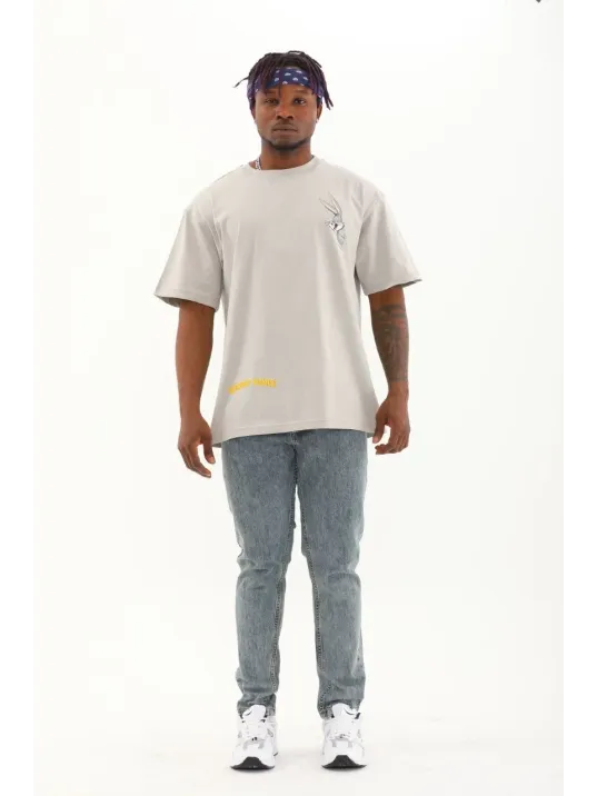 Unisex Oversize Baskılı Bisiklet Yaka T-Shirt - Gri Unisex Oversize Baskılı Bisiklet Yaka T-Shirt - Gri