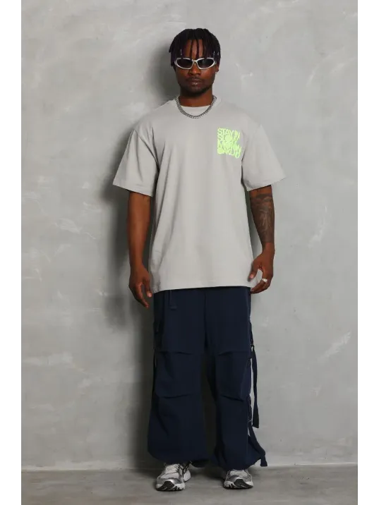 Unisex Oversize Baskılı Bisiklet Yaka T-Shirt - Gri Unisex Oversize Baskılı Bisiklet Yaka T-Shirt - Gri