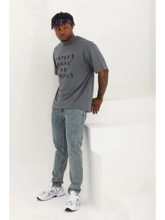 Unisex Oversize Baskılı Bisiklet Yaka T-Shirt - Füme Unisex Oversize Baskılı Bisiklet Yaka T-Shirt - Füme