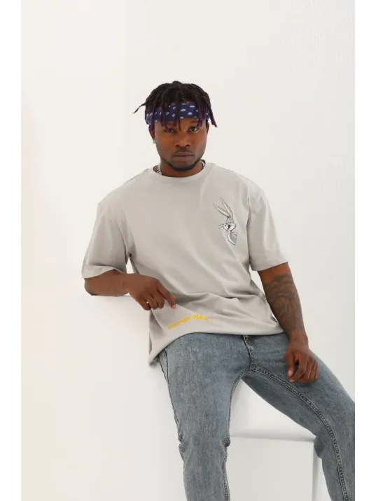 Unisex Oversize Baskılı Bisiklet Yaka T-Shirt - Gri Unisex Oversize Baskılı Bisiklet Yaka T-Shirt - Gri