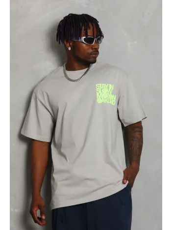 Unisex Oversize Baskılı Bisiklet Yaka T-Shirt - Gri Unisex Oversize Baskılı Bisiklet Yaka T-Shirt - Gri