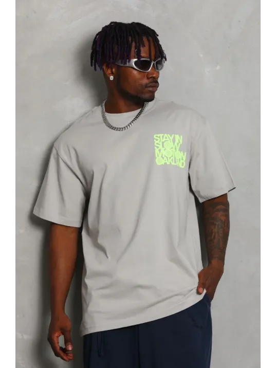 Unisex Oversize Baskılı Bisiklet Yaka T-Shirt - Gri Unisex Oversize Baskılı Bisiklet Yaka T-Shirt - Gri