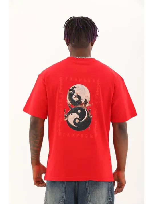 Unisex Oversize Baskılı Bisiklet Yaka T-Shirt - Kırmızı Unisex Oversize Baskılı Bisiklet Yaka T-Shirt - Kırmızı