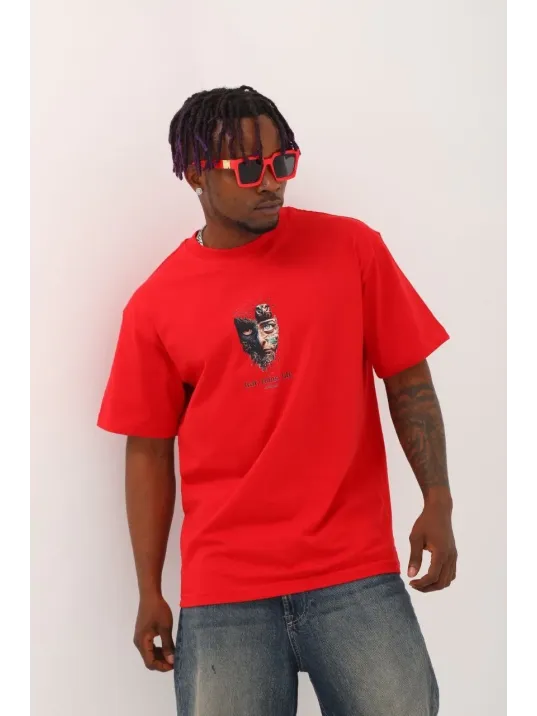 Unisex Oversize Baskılı Bisiklet Yaka T-Shirt - Kırmızı Unisex Oversize Baskılı Bisiklet Yaka T-Shirt - Kırmızı