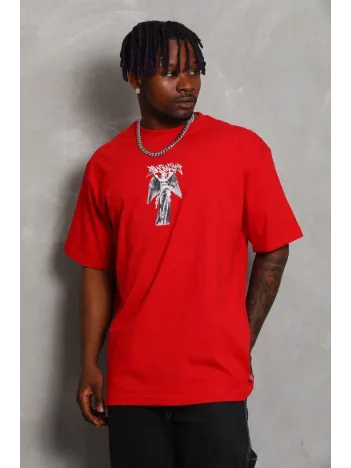 Unisex Oversize Baskılı Bisiklet Yaka T-Shirt - Kırmızı