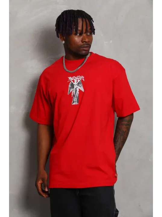 Unisex Oversize Baskılı Bisiklet Yaka T-Shirt - Kırmızı Unisex Oversize Baskılı Bisiklet Yaka T-Shirt - Kırmızı