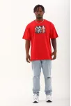 Unisex Oversize Baskılı Bisiklet Yaka T-shirt - Kırmızı