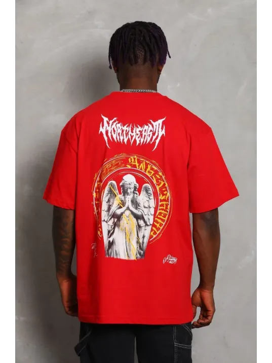 Unisex Oversize Baskılı Bisiklet Yaka T-Shirt - Kırmızı Unisex Oversize Baskılı Bisiklet Yaka T-Shirt - Kırmızı