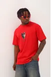 Unisex Oversize Baskılı Bisiklet Yaka T-shirt - Kırmızı