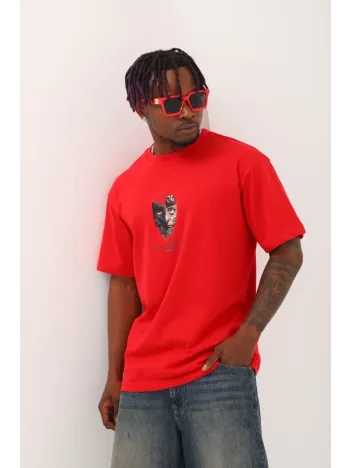 Unisex Oversize Baskılı Bisiklet Yaka T-Shirt - Kırmızı Unisex Oversize Baskılı Bisiklet Yaka T-Shirt - Kırmızı