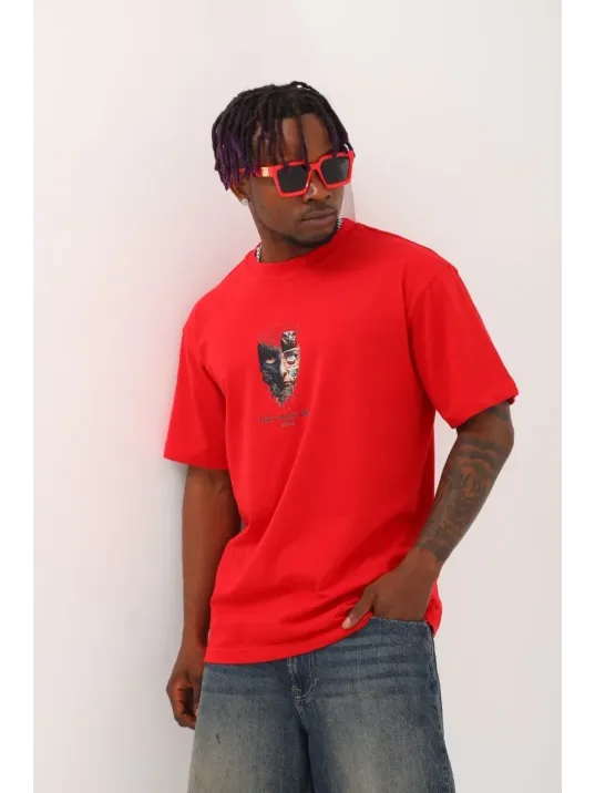 Unisex Oversize Baskılı Bisiklet Yaka T-Shirt - Kırmızı Unisex Oversize Baskılı Bisiklet Yaka T-Shirt - Kırmızı