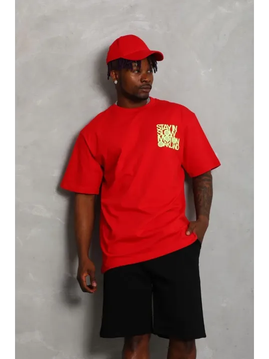 Unisex Oversize Baskılı Bisiklet Yaka T-Shirt - Kırmızı Unisex Oversize Baskılı Bisiklet Yaka T-Shirt - Kırmızı