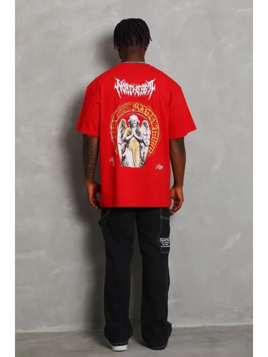 Unisex Oversize Baskılı Bisiklet Yaka T-Shirt - Kırmızı Unisex Oversize Baskılı Bisiklet Yaka T-Shirt - Kırmızı