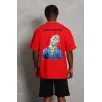 Unisex Oversize Baskılı Bisiklet Yaka T-Shirt - Kırmızı